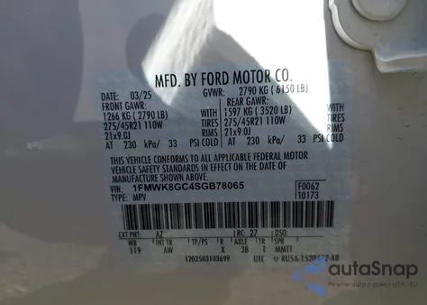 2025 Ford Explorer St из США, поврежденный, VIN 1FMWK8GC4SGB78065